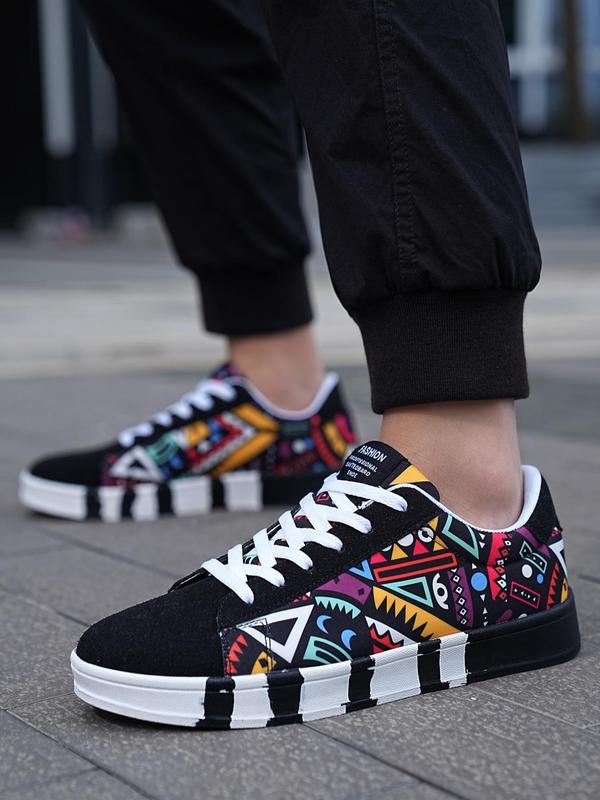 Men's Fashionable Geometric Pattern Lace Up Low Top Sneakers, Casual Comfortable Sports Running Shoes, Male All-match Round Toe Shoes for Daily Wear