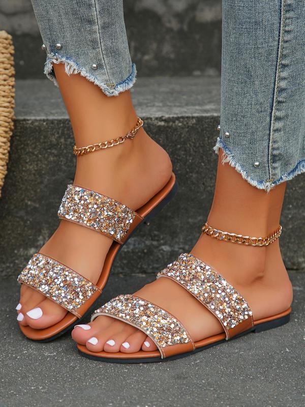 Women's Fashionable Sequins Decorated Flat Sandals, Casual Glittering Round Toe Slip on Sandals for Summer, Lightweight Breathable Comfortable Shoes for Daily Wear