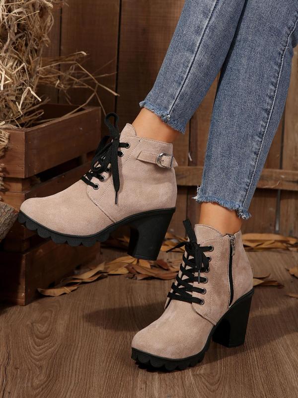 Women's Fashionable Solid Color Block Heel Ankle Boots, Casual Comfortable Round Toe Booties for Daily Wear, Female All-match Trend Shoes for Fall & Winter