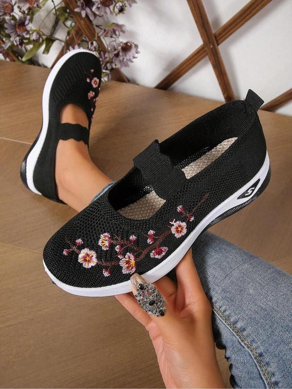 Women's Floral Embroidered Slip on Mesh Breathable Lightweight Round Toe Shoes, Casual Comfortable Soft Sole Walking Shoes, All-match Commuter Shoes for Work & Daily Wear