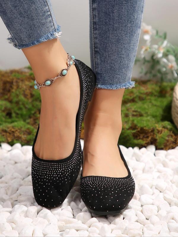 Women's Fashionable Rhinestone Decorated Slip on Flats, Casual Comfortable Square Toe Flat Shoes for Daily Wear, Lightweight Breathable Shoes for  Girls