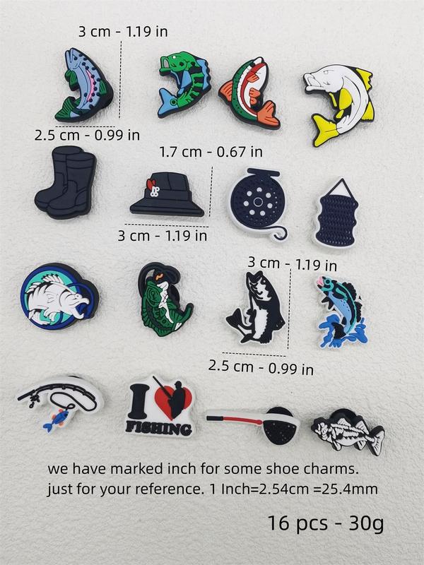 Cartoon Fishing Theme Shoe Charms, 16pcs Cute PVC Shoe Decoration for Clogs, Shoes Diy Buckle Decorations for Women & Men Birthday Party Gifts