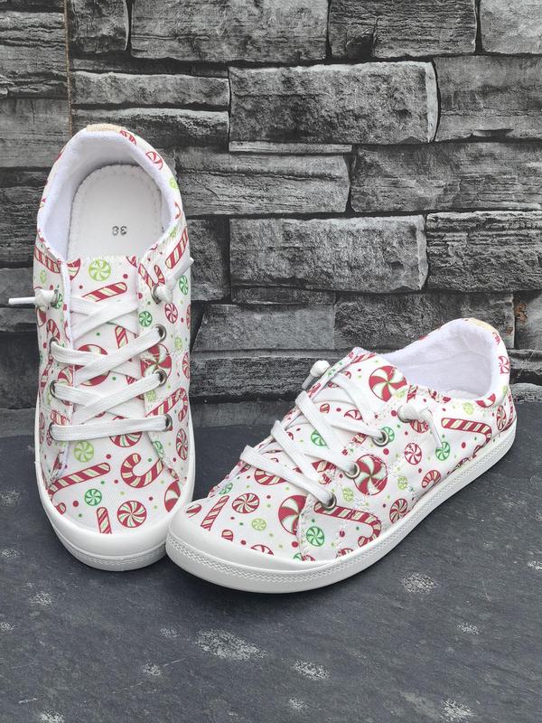 Women's Christmas Theme Cute Cartoon Print Lace Up Low Top Sneakers, Casual Comfortable Breathable Running Sports Shoes, Female All-match Round Toe Shoes for Daily Wear