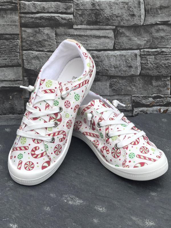 Women's Christmas Theme Cute Cartoon Print Lace Up Low Top Sneakers, Casual Comfortable Breathable Running Sports Shoes, Female All-match Round Toe Shoes for Daily Wear