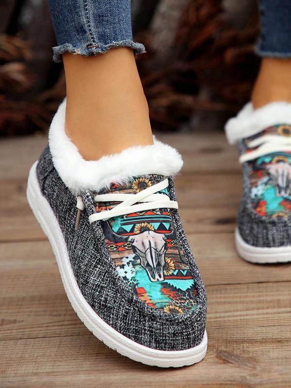 Women's Bull Head & Ethnic Pattern Thermal Lined Walking Shoes, Comfortable Warm Sports Shoes for Fall & Winter, Female All-match Round Toe Sports Shoes for Daily Wear