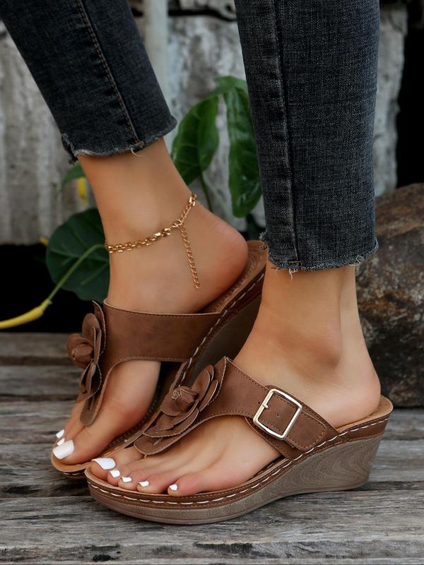 Women's Elegant Flower Design Slip on Wedge Sandals, Retro Trendy Thong Wedge Sandals, Fashionable All-match Vintage Wedge Shoes for Daily Wear