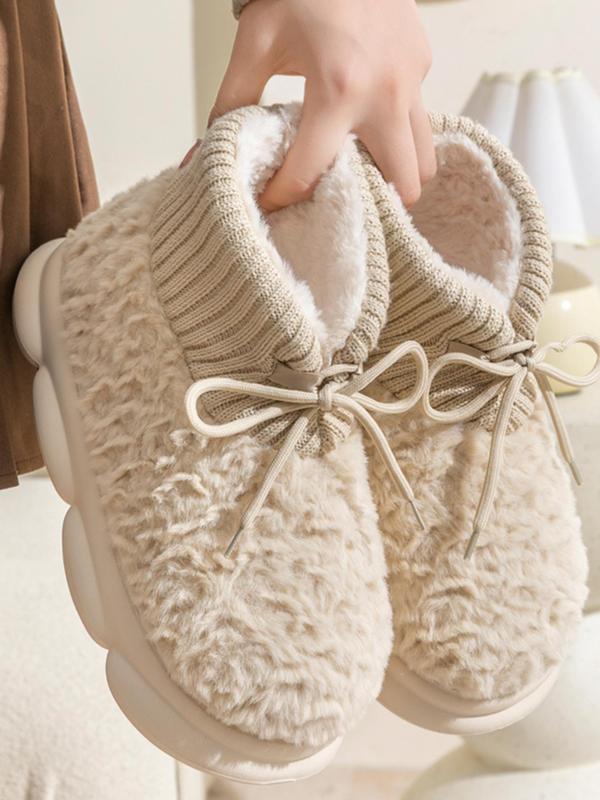 Women's Solid Color Lace Up Fluffy Plush Slippers, Casual Soft Comfortable Home Slippers, Warm Slippers for Indoor & Outdoor Use for All Seasons