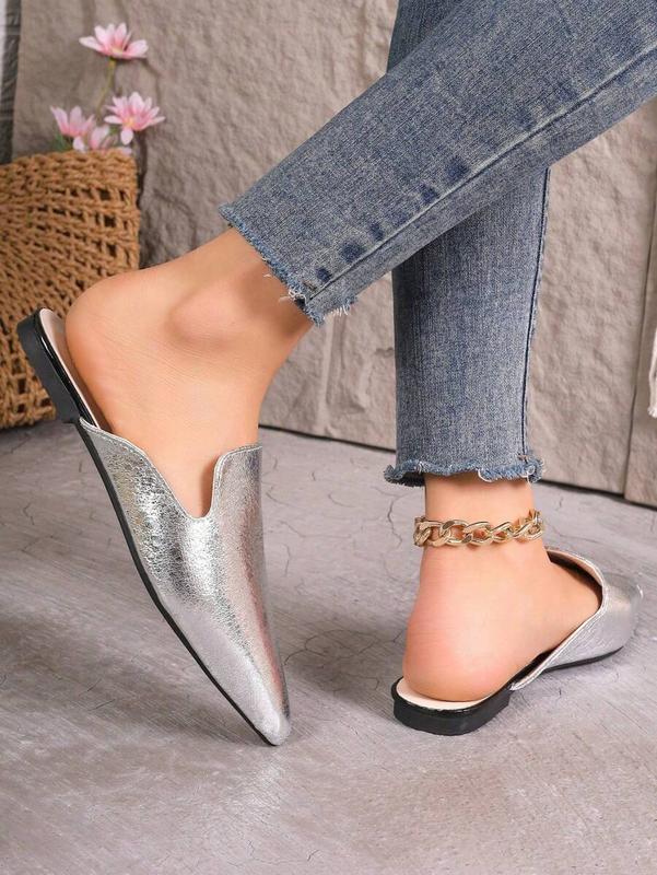 Women's Bright Diamond Hot Diamond Pointed Toe Retro  Fashion Mule Shoes Women's Shiny Flat Shoes Green All-Season Slippers