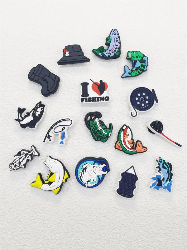 Cartoon Fishing Theme Shoe Charms, 16pcs Cute PVC Shoe Decoration for Clogs, Shoes Diy Buckle Decorations for Women & Men Birthday Party Gifts