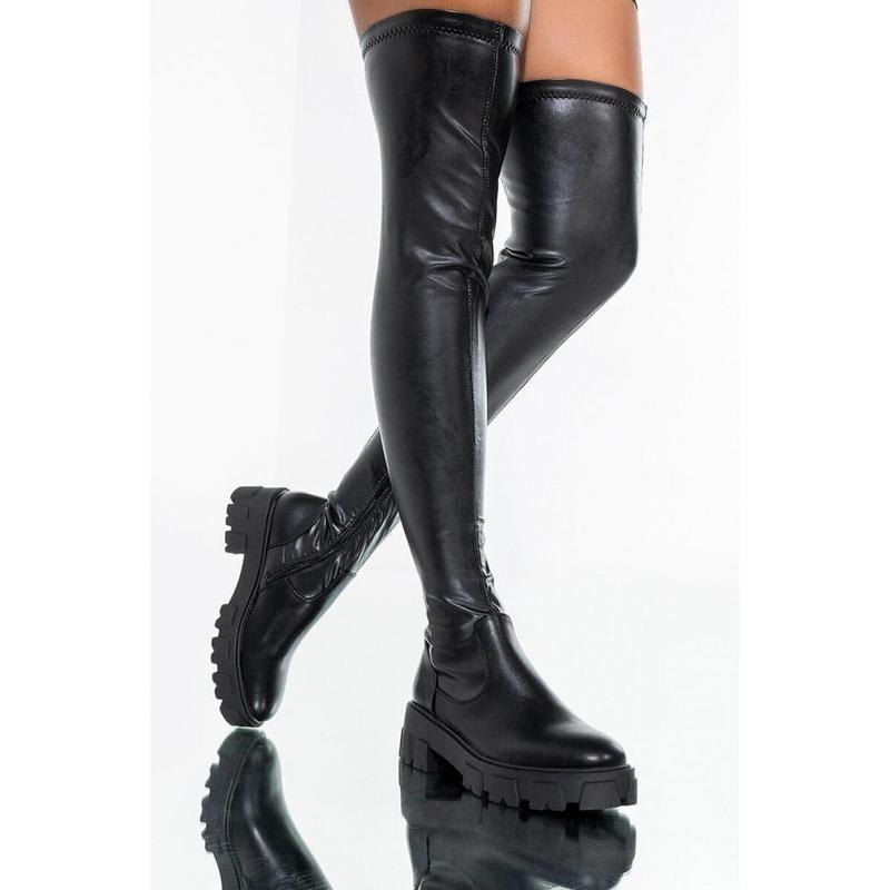 AZALEA WANG LATE NIGHTS OVER THE KNEE FLATFORM BOOT WITH 4 WAY STRETCH IN BLACK