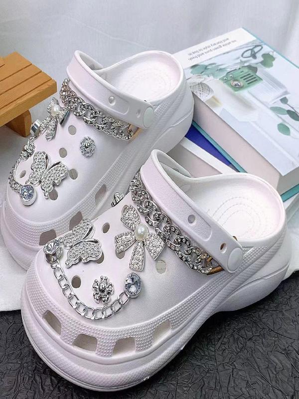 Rhinestone Decorated Butterfly & Flower & Chain Design Shoe Charms, Cute Shoe Decoration for Women's Crocs, Fashionable Shoes Decoration for Party, Daily Decor