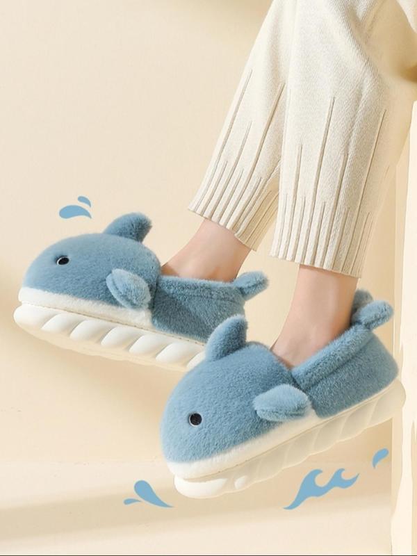 Women's Cute Cartoon Dolphin Design Plush Slippers, Casual Soft Comfortable Home Slippers, Thick Sole House Shoes, Warm Slippers for Indoor & Outdoor Use for Winter