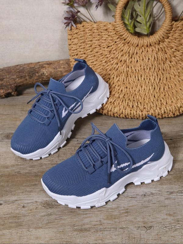 Women's Fashionable Striped Pattern Lace Up Mesh Sneakers, Casual Breathable Comfortable Sports Running Shoes, All-match Round Toe Chunky Sneakers for Daily Wear