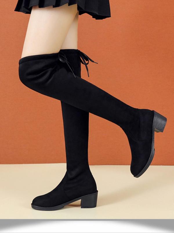 Women's Solid Lace Up Over The Knee Boots, Fashionable Simple Warm Boots for Fall & Winter, Women's Boots for Daily Wear