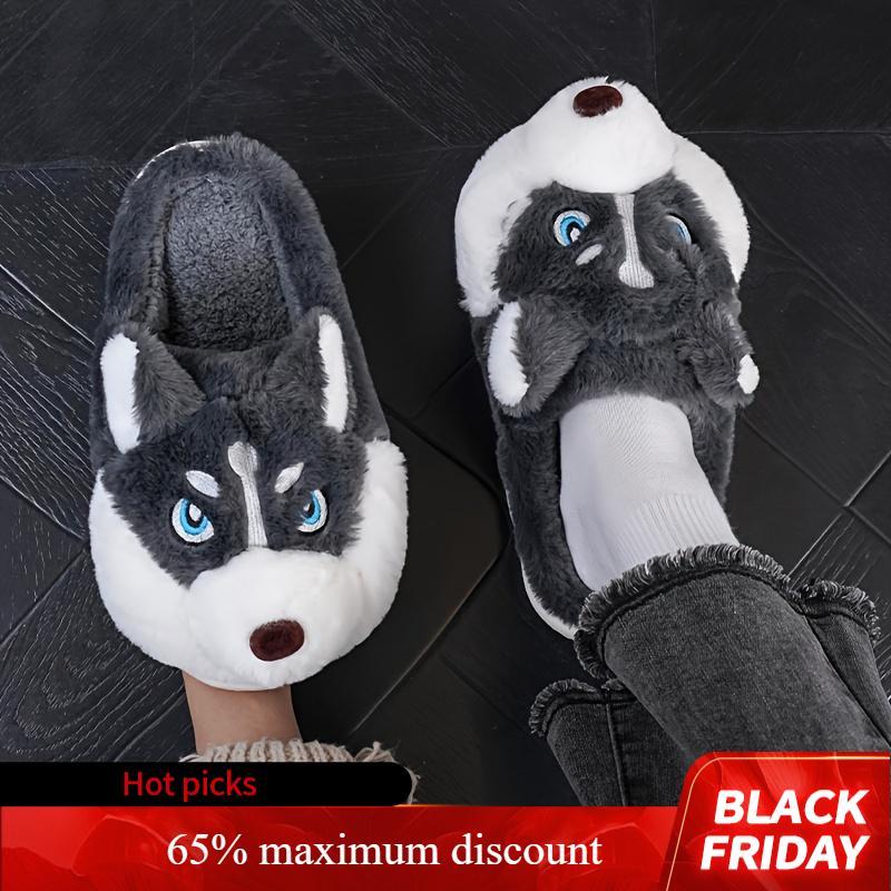 Men'S Cute Husky Style Slippers, Soft and Durable, Unisex Indoor Shoes, Waterproof Sole, Warm Winter Slippers, Casual Round Toe, One-Size-Fits-All, Cartoon Pattern, Fabric Lining and Sole