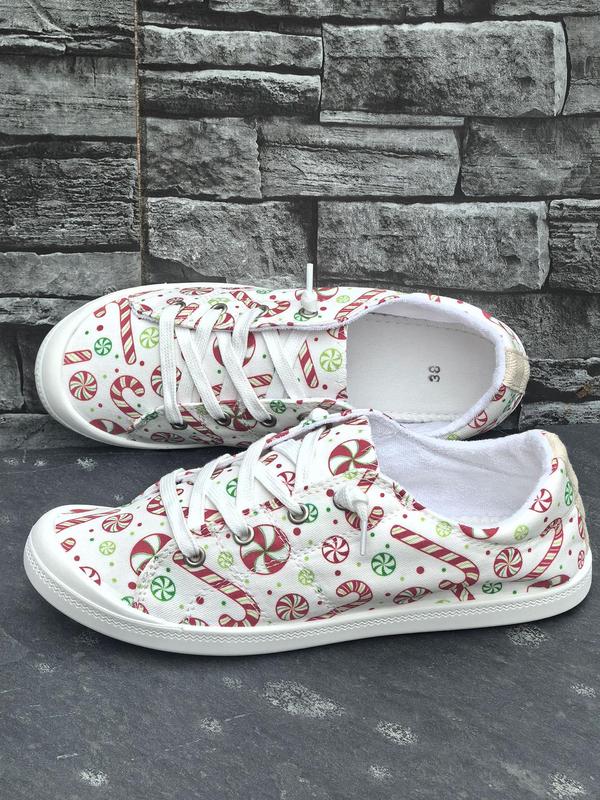 Women's Christmas Theme Cute Cartoon Print Lace Up Low Top Sneakers, Casual Comfortable Breathable Running Sports Shoes, Female All-match Round Toe Shoes for Daily Wear