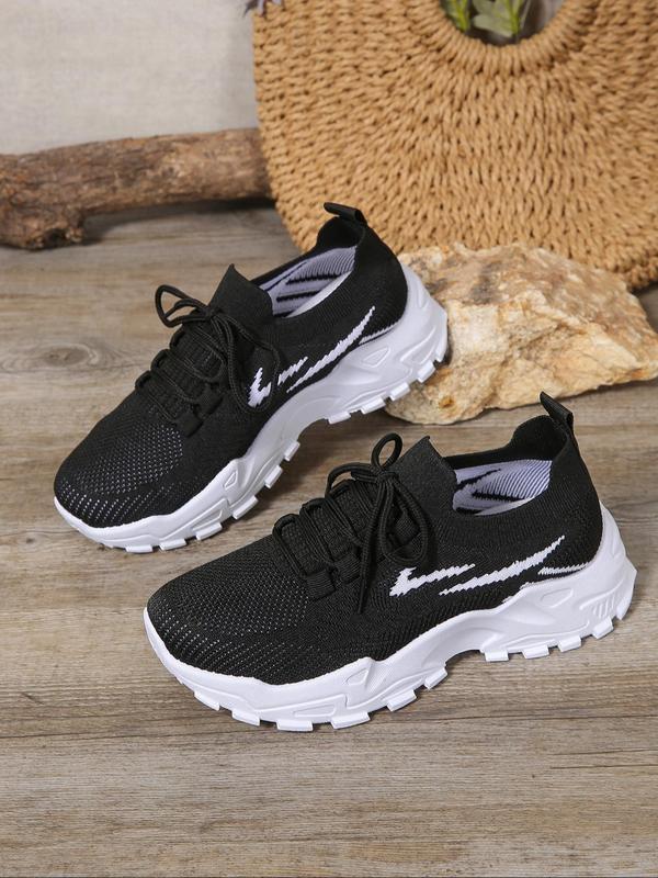 Women's Fashionable Striped Pattern Lace Up Mesh Sneakers, Casual Breathable Comfortable Sports Running Shoes, All-match Round Toe Chunky Sneakers for Daily Wear