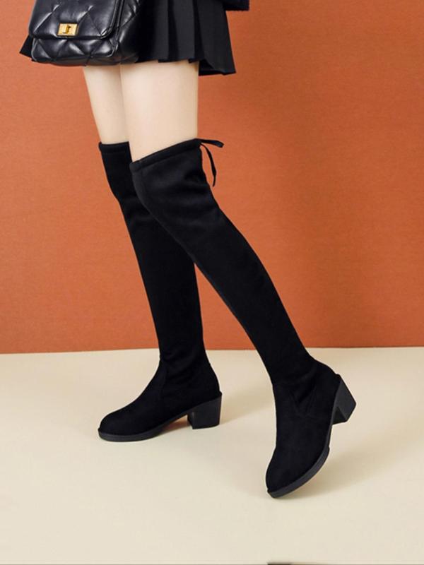 Women's Solid Lace Up Over The Knee Boots, Fashionable Simple Warm Boots for Fall & Winter, Women's Boots for Daily Wear