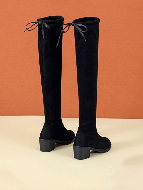 Women's Solid Lace Up Over The Knee Boots, Fashionable Simple Warm Boots for Fall & Winter, Women's Boots for Daily Wear