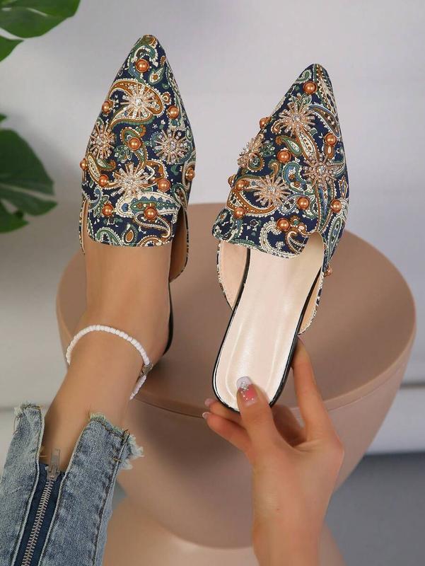 Women's Bright Diamond Hot Diamond Pointed Toe Retro  Fashion Mule Shoes Women's Shiny Flat Shoes Green All-Season Slippers