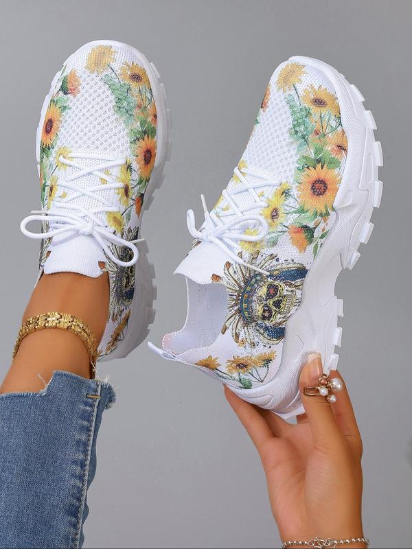 Women's Fashionable Floral Print Lace Up Low Top Sneakers, 2024 New Style Casual Comfortable Breathable Sports Running Shoes, Girl's All-match Basic Shoes for Daily Wear, Walking Shoes Mesh Shoes