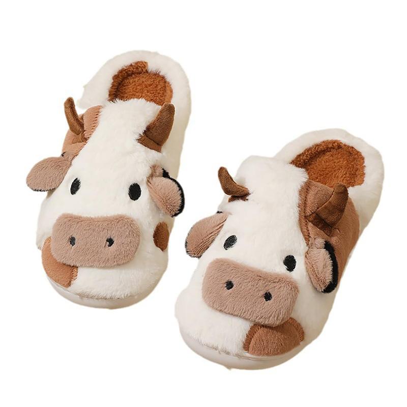 Women's Cute Cow Slippers Winter Plush Cartoon Clog Slippers Soft Warm Anti-Slip House Shoes for Cold Weather