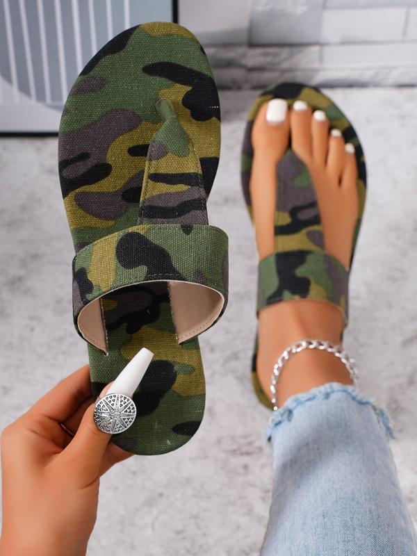 Women's Camo Print Slip on Sandals, Casual Summer Flat Sandals for Beach Vacation, Lightweight Non-slip Pu Leather Sandals for Women & Girls