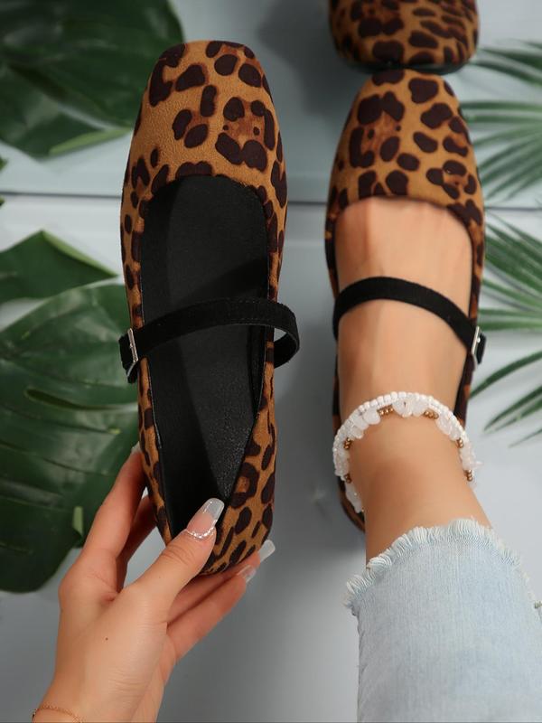 Fashion Leopard Print Flat Shoes, Commuting Shoes, Casual Comfortable Square Toe Flat Footwear Shoes for Daily Wear, Lightweight Breathable Walking Shoes for Women & Girls