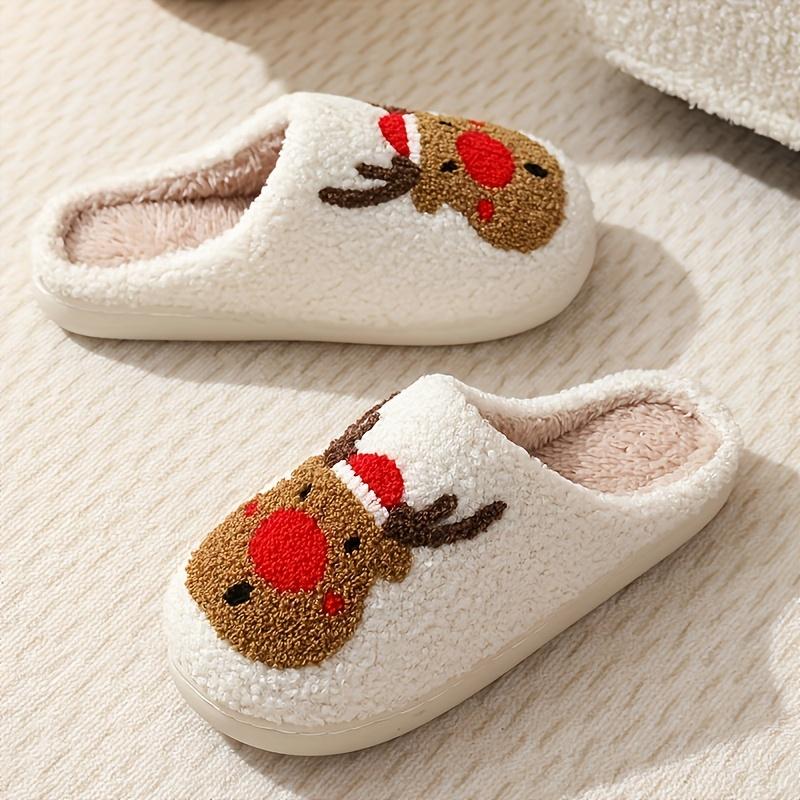 Cute Christmas Elk Pattern Fuzzy Slippers, Closed Toe Soft Sole Flat Plush Slippers, Winter Warm Home Slippers,Cotton Slippers for Women Men