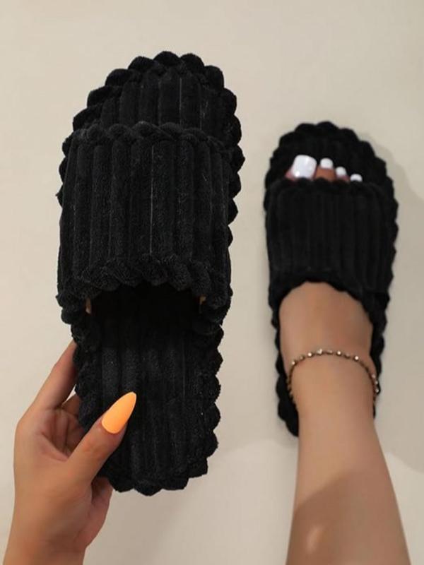 Women's Solid Color Ribbed Slippers, Casual Soft Comfortable Home Slippers, Plush House Slippers for Indoor & Outdoor Use for Fall & Winter