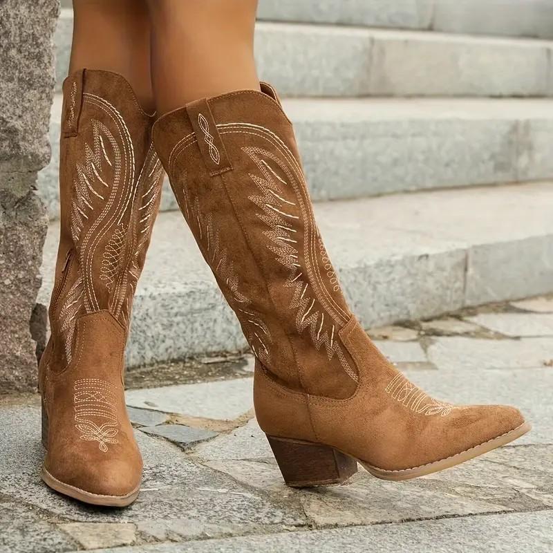 Women's Chunky Heel Cowboy Boots, Fashion Point Toe Dress Boots, Women's Stylish Mid Calf Boots