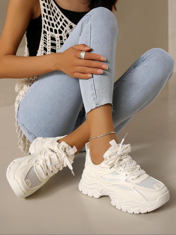 Fashionable Lace Up Front Low Top Platform Sneakers for Women, Casual Comfortable Sports Shoes for Daily Wear, 2024 Letter Label Contrast Mesh Design Chunky Sneakers,  Gym Shoes