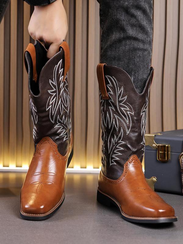 Men's Fashionable Colorblock Embroidering Design Cowboy Boots, Casual Comfortable Western Boots for Daily Wear, Fashion Shoes for Party, Daily Clothing Decor