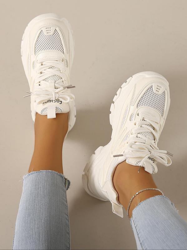 Fashionable Lace Up Front Low Top Platform Sneakers for Women, Casual Comfortable Sports Shoes for Daily Wear, 2024 Letter Label Contrast Mesh Design Chunky Sneakers,  Gym Shoes