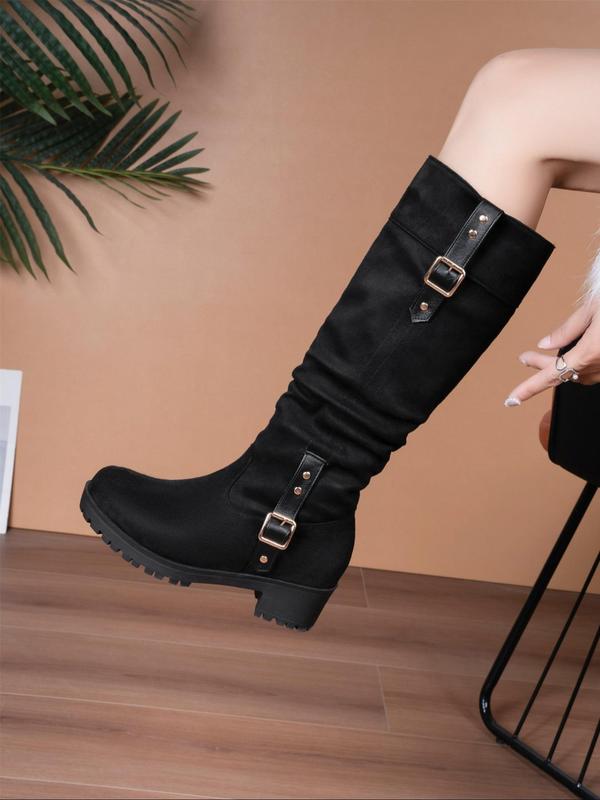 Women's Ruched & Studded Decor Boots, Fashionable Solid Color Round Toe Boots for Fall & Winter, Female All-match Boots for Daily Wear