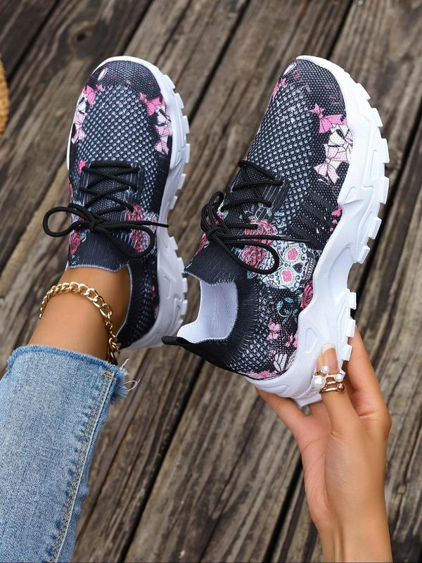 Women's Fashionable Floral Print Lace Up Low Top Sneakers, 2024 New Style Casual Comfortable Breathable Sports Running Shoes, Girl's All-match Basic Shoes for Daily Wear, Walking Shoes Mesh Shoes