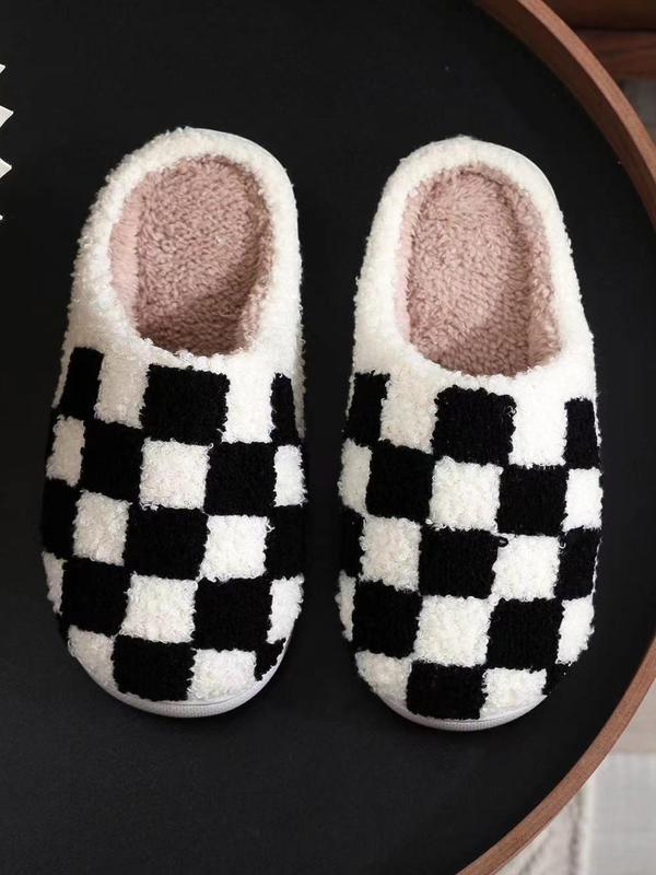 Women's Checkerboard Pattern Plush Slippers, Cute Soft Comfortable Home Slippers, Warm Slippers for Indoor & Outdoor Use for Fall & Winter