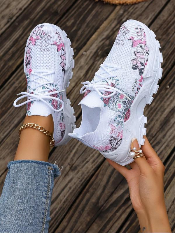 Women's Fashionable Floral Print Lace Up Low Top Sneakers, 2024 New Style Casual Comfortable Breathable Sports Running Shoes, Girl's All-match Basic Shoes for Daily Wear, Walking Shoes Mesh Shoes