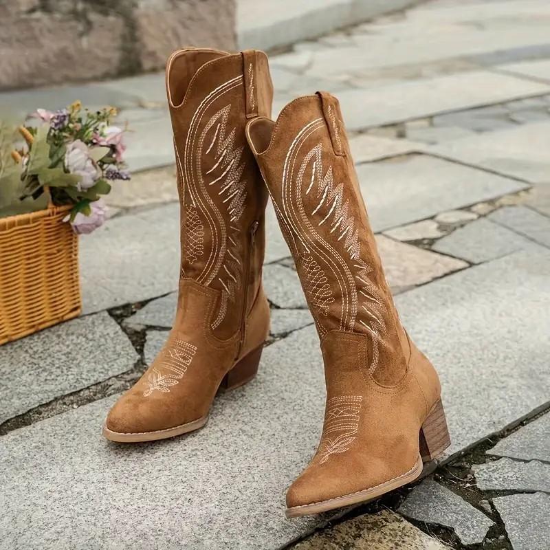 Women's Chunky Heel Cowboy Boots, Fashion Point Toe Dress Boots, Women's Stylish Mid Calf Boots