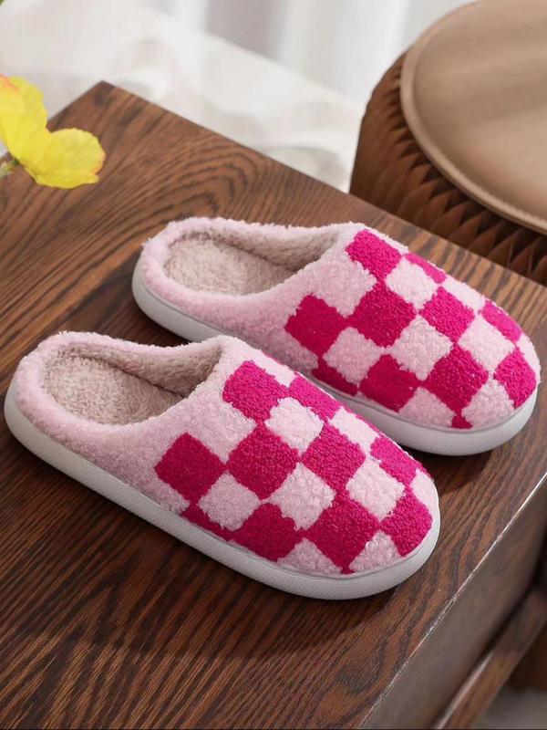 Women's Checkerboard Pattern Plush Slippers, Cute Soft Comfortable Home Slippers, Warm Slippers for Indoor & Outdoor Use for Fall & Winter