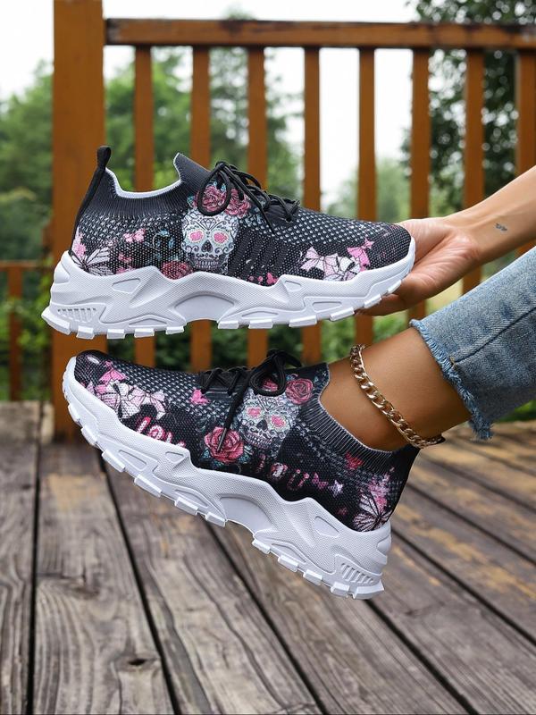 Women's Fashionable Floral Print Lace Up Low Top Sneakers, 2024 New Style Casual Comfortable Breathable Sports Running Shoes, Girl's All-match Basic Shoes for Daily Wear, Walking Shoes Mesh Shoes