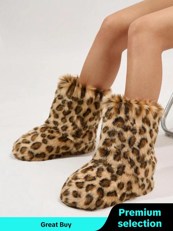 Women's Leopard Print Fluffy Lined Snow Boots, 2024 New Style Casual Warm Fuzzy Boots for Fall & Winter Outfits 2024, Female All-match Round Toe, Winter Shoes for Daily Wear