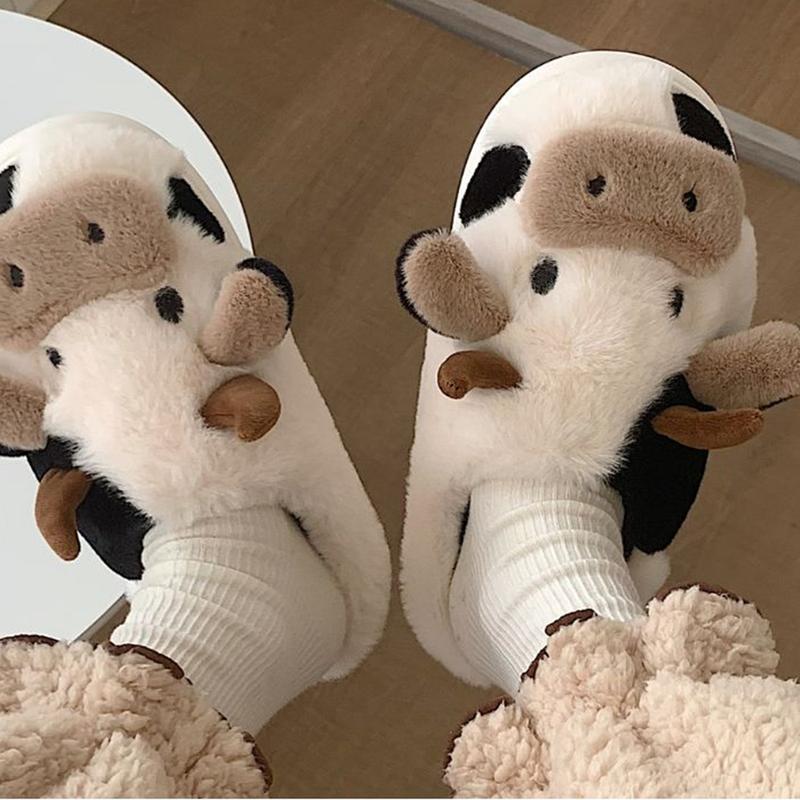 Women's Cute Cow Slippers Winter Plush Cartoon Clog Slippers Soft Warm Anti-Slip House Shoes for Cold Weather