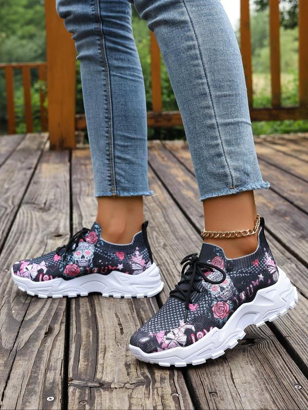 Women's Fashionable Floral Print Lace Up Low Top Sneakers, 2024 New Style Casual Comfortable Breathable Sports Running Shoes, Girl's All-match Basic Shoes for Daily Wear, Walking Shoes Mesh Shoes