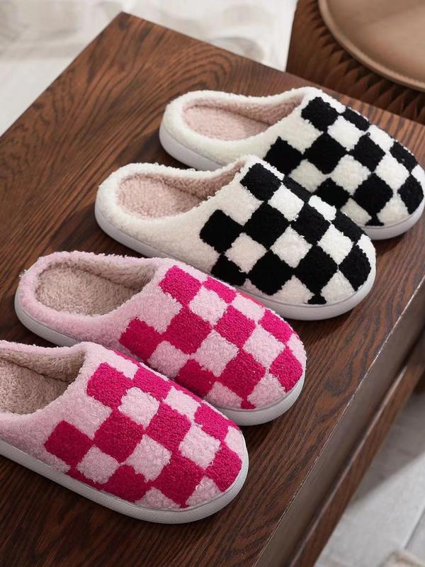 Women's Checkerboard Pattern Plush Slippers, Cute Soft Comfortable Home Slippers, Warm Slippers for Indoor & Outdoor Use for Fall & Winter