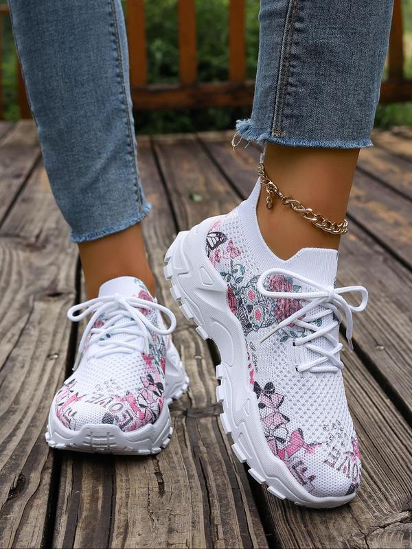 Women's Fashionable Floral Print Lace Up Low Top Sneakers, 2024 New Style Casual Comfortable Breathable Sports Running Shoes, Girl's All-match Basic Shoes for Daily Wear, Walking Shoes Mesh Shoes