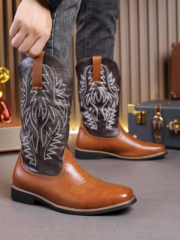 Men's Fashionable Colorblock Embroidering Design Cowboy Boots, Casual Comfortable Western Boots for Daily Wear, Fashion Shoes for Party, Daily Clothing Decor