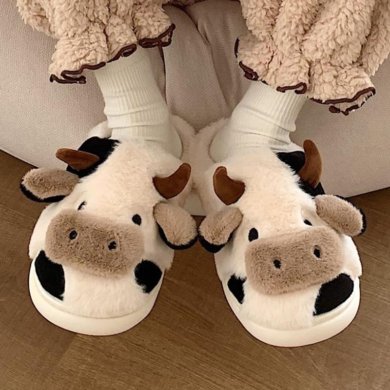 Women's Cute Cow Slippers Winter Plush Cartoon Clog Slippers Soft Warm Anti-Slip House Shoes for Cold Weather