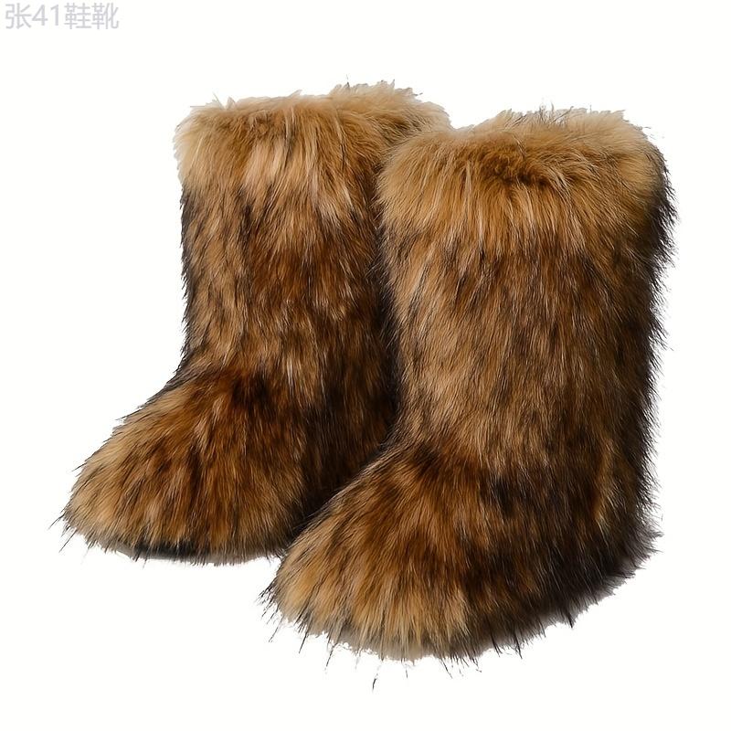 Women's Faux Fur Boots, Casual Slip On Furry Fluffy Snow Boots, Women's Comfortable Mid-Calf Boots Girl Walking Shoes