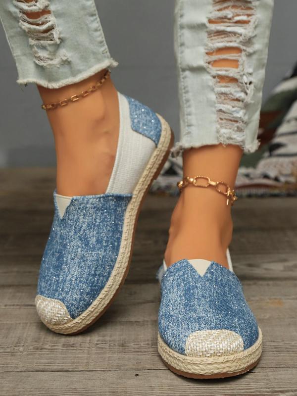 Women's Fashionable Denim-effect Slip on Flats, Casual Comfortable Patched Design Espadrilles, All-match Round Toe Shoes for Daily Wear